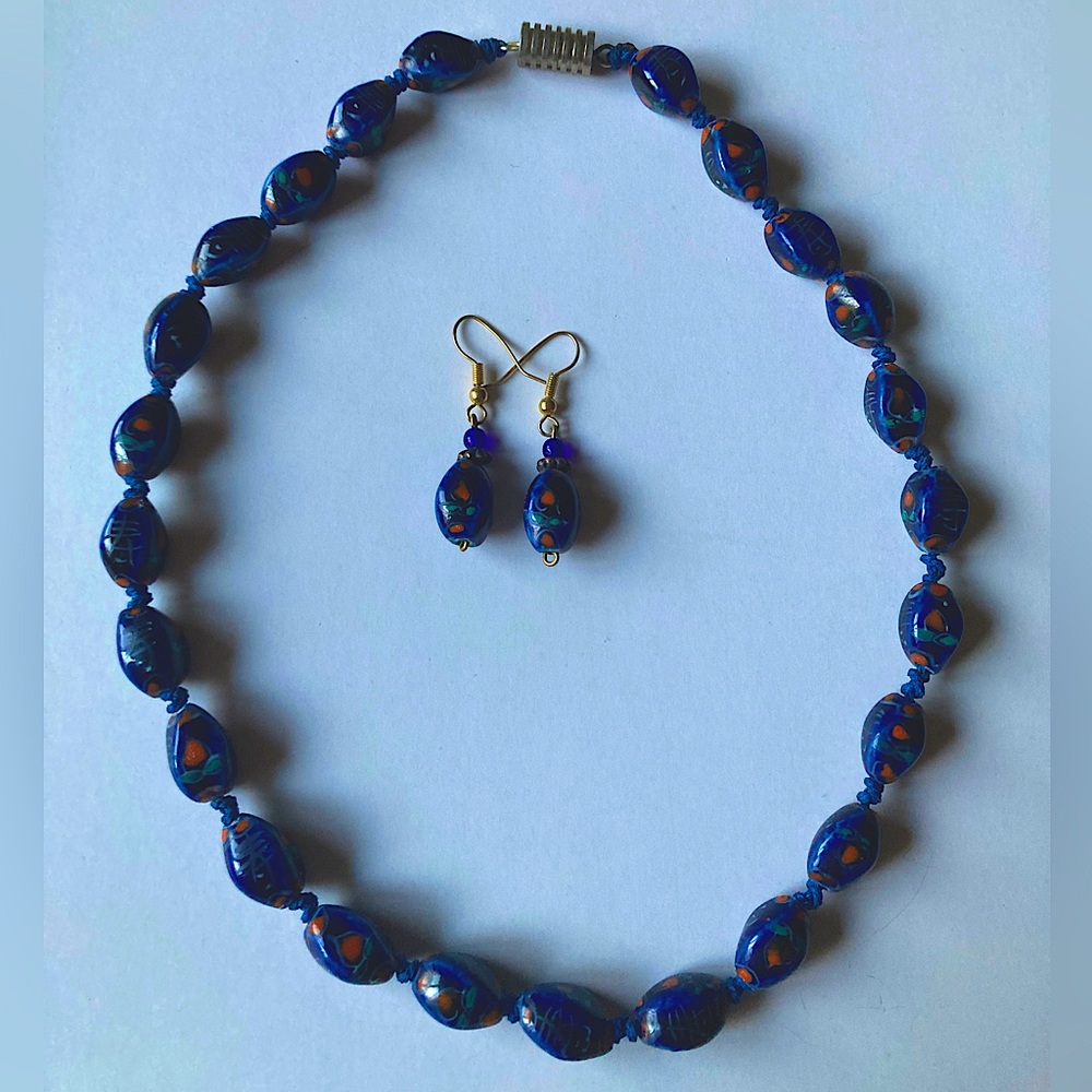 Vintage Handmade Blue Glass Bead necklace and earring set